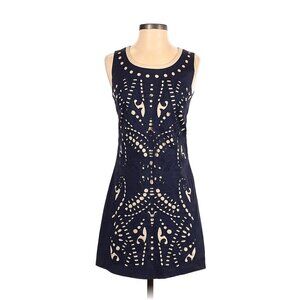 I.MADELINE Dress Small Navy Blue Tan  A-Line Shift Cut Out Embroidered